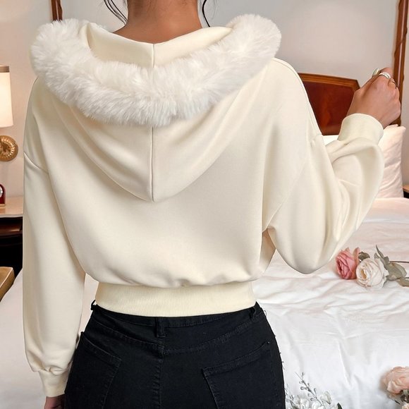 White Casual Womens Fuzzy Trim Drop Shoulder Drawstring Thermal Lined Hoodie - Picture 2 of 5